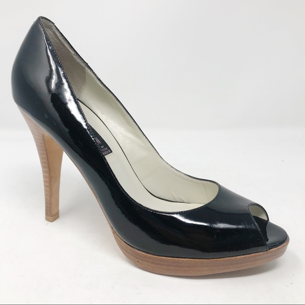 STEVE MADDEN Lalo Black Patent Leather Peep Toe Heels Pumps
